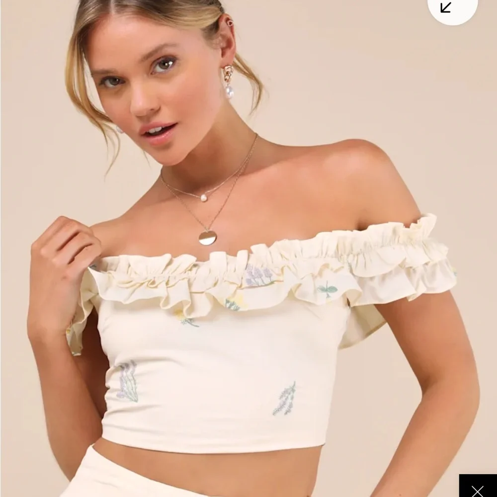 Lulus Rowena Cream Embroidered Ruffled Crop Top - Picture 5 of 6